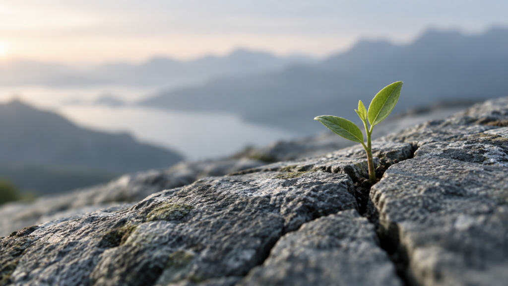 Young green plant growing through rocky ground, symbolising where change can begin